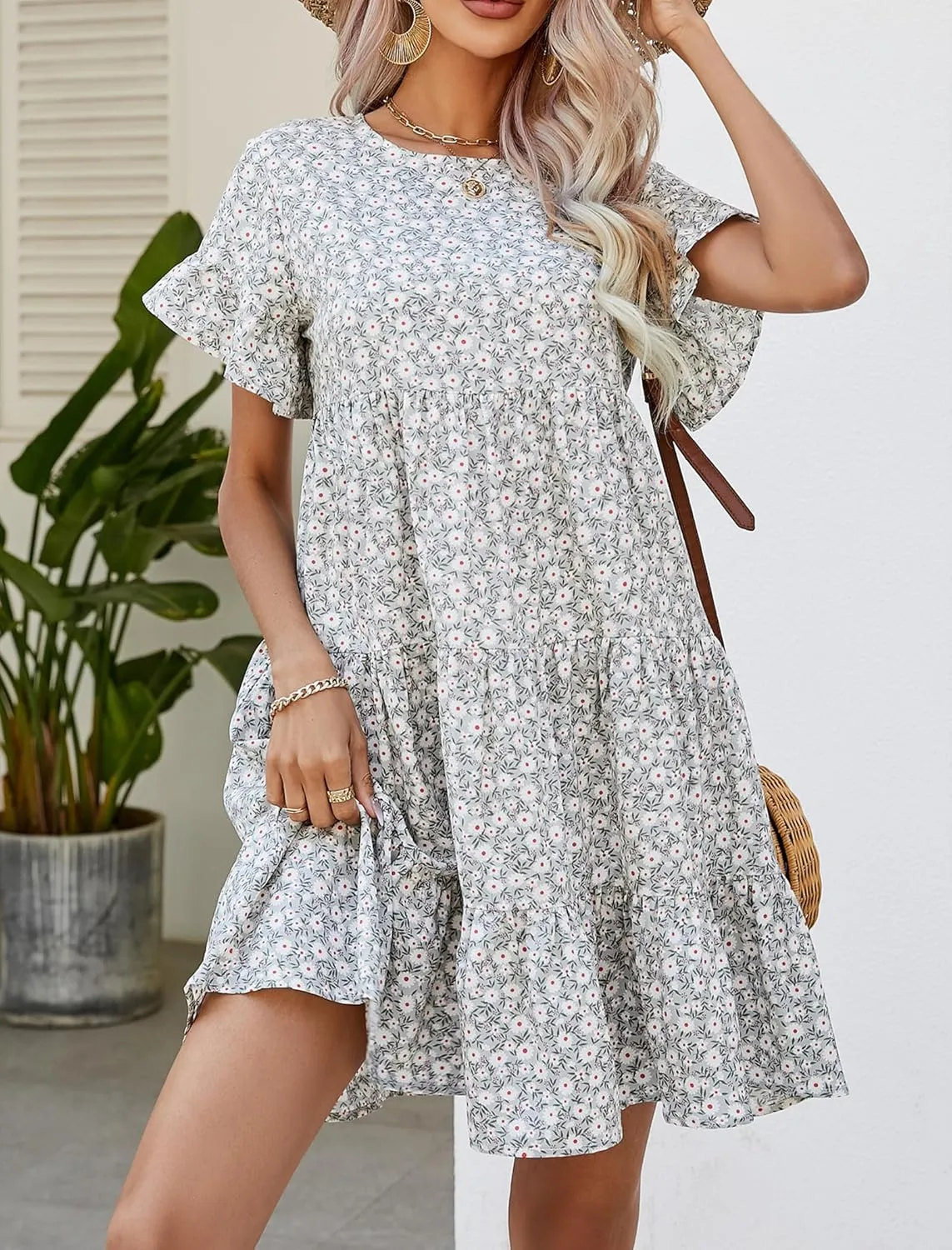 CORIRESHA Women's Summer Floral Print Ruffle Short Sleeves Crewneck Casual Babydoll Mini Dress