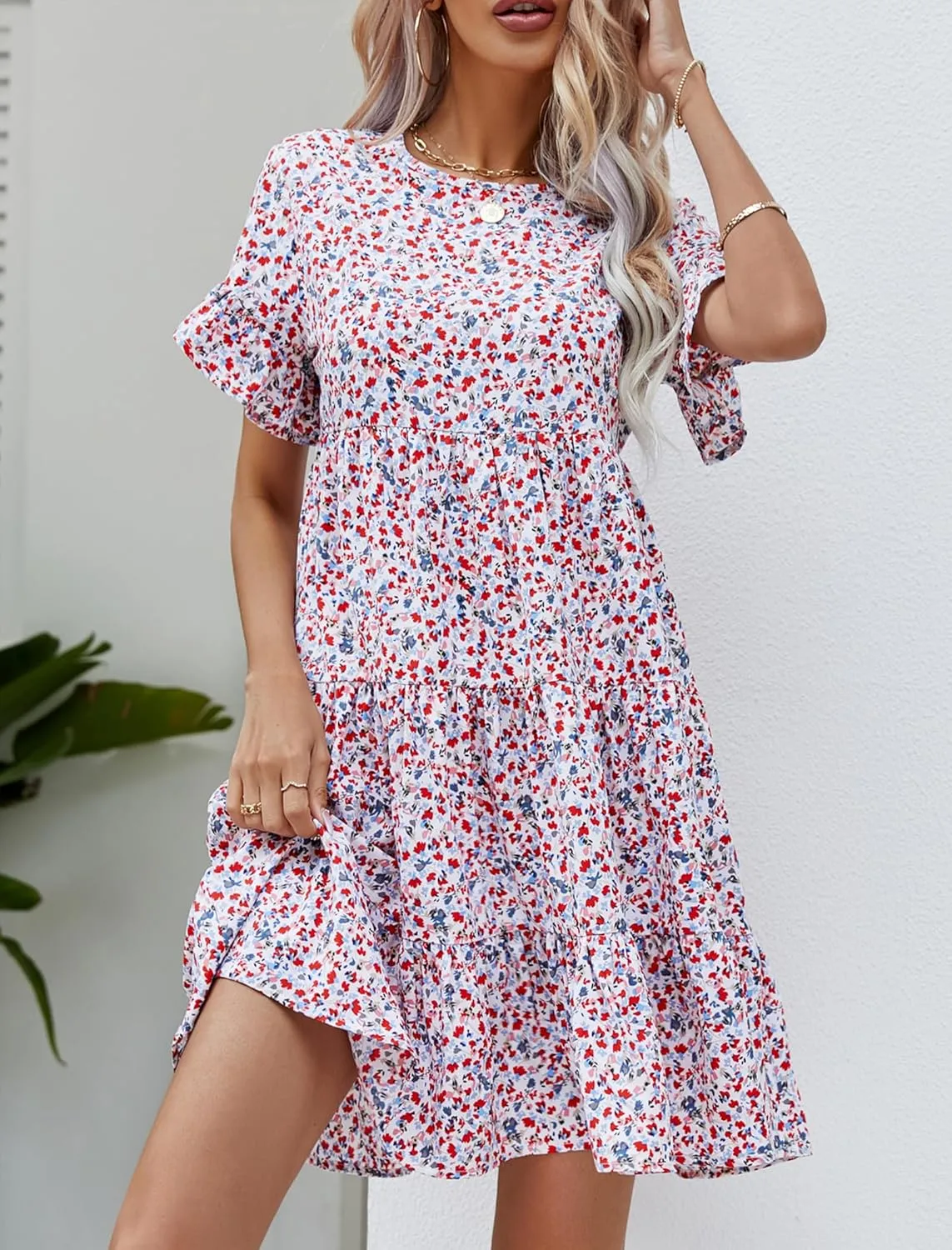 CORIRESHA Women's Summer Floral Print Ruffle Short Sleeves Crewneck Casual Babydoll Mini Dress