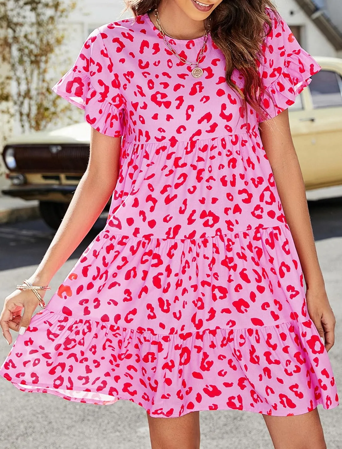 CORIRESHA Women's Summer Floral Print Ruffle Short Sleeves Crewneck Casual Babydoll Mini Dress
