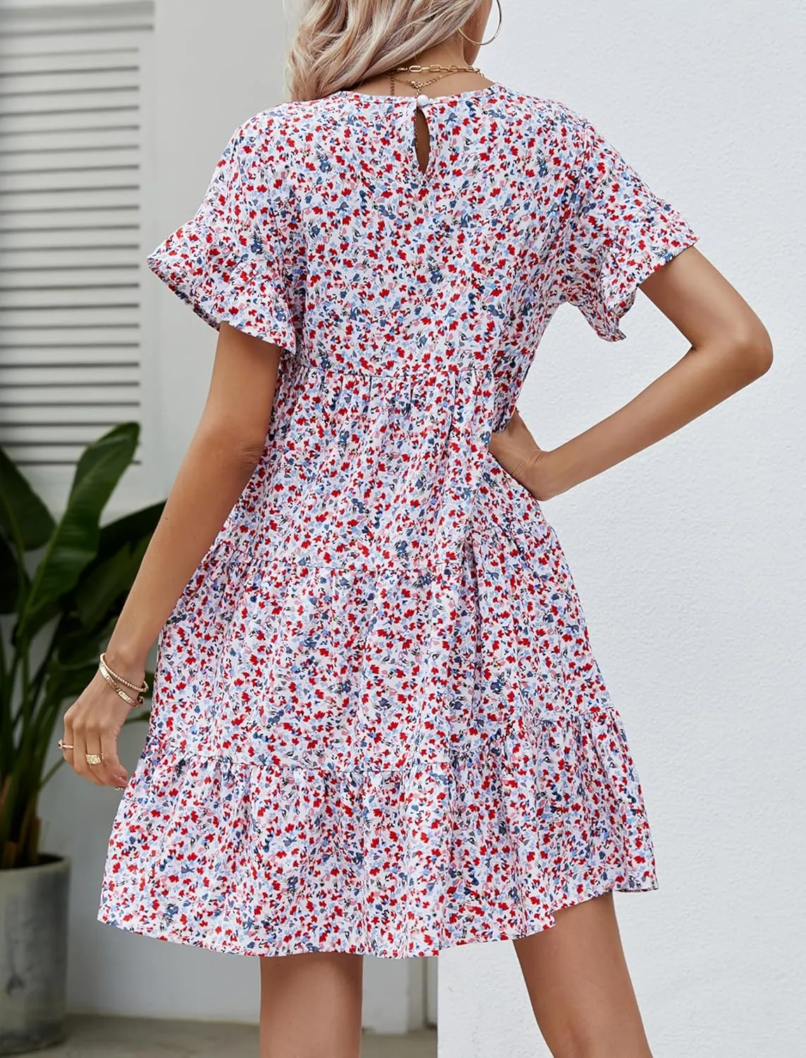 CORIRESHA Women's Summer Floral Print Ruffle Short Sleeves Crewneck Casual Babydoll Mini Dress