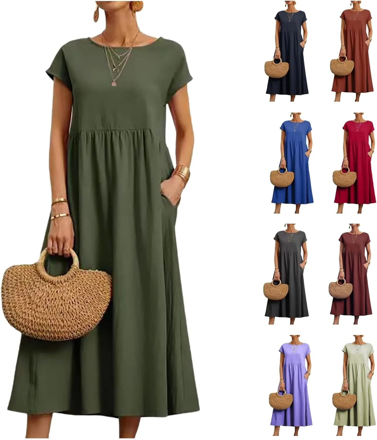 Cotton Dresses for Women 2024 Casual Summer Tee Shirt Midi Long Dress Short Sleeve T Shirts Dresses with Pockets