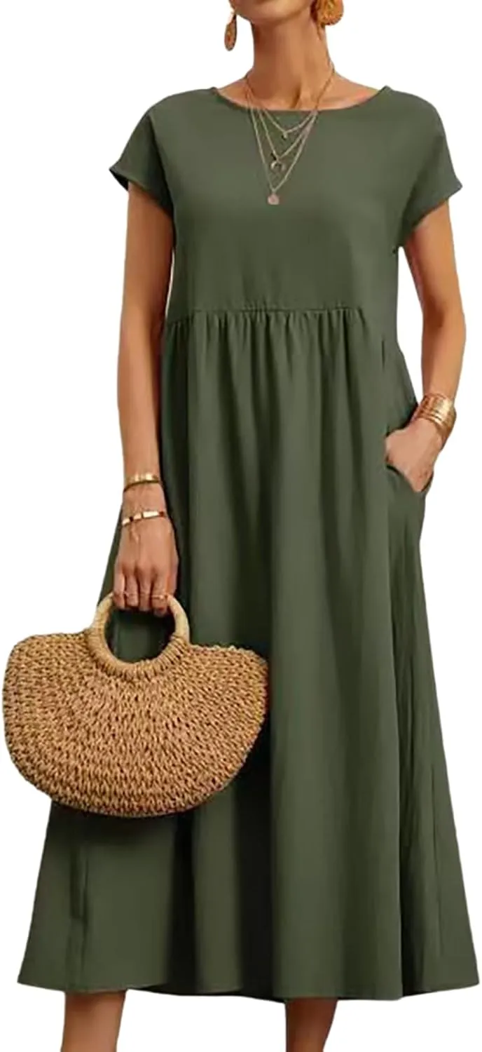 Cotton Dresses for Women 2024 Casual Summer Tee Shirt Midi Long Dress Short Sleeve T Shirts Dresses with Pockets