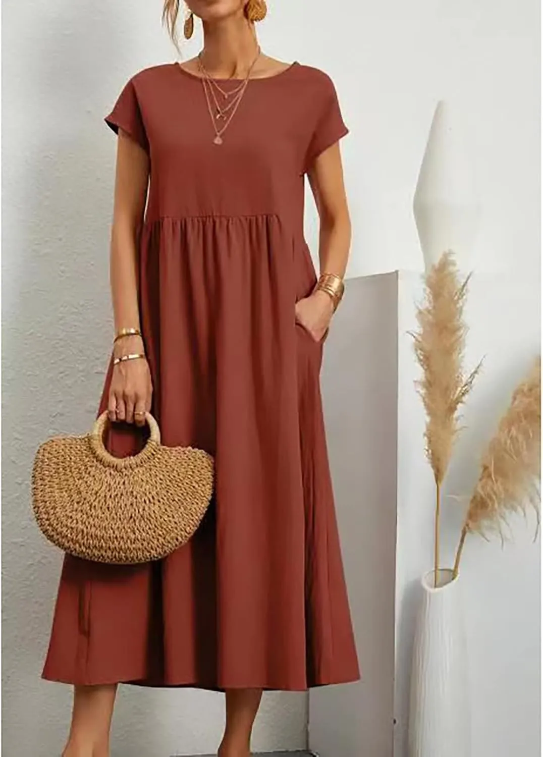 Cotton Dresses for Women 2024 Casual Summer Tee Shirt Midi Long Dress Short Sleeve T Shirts Dresses with Pockets