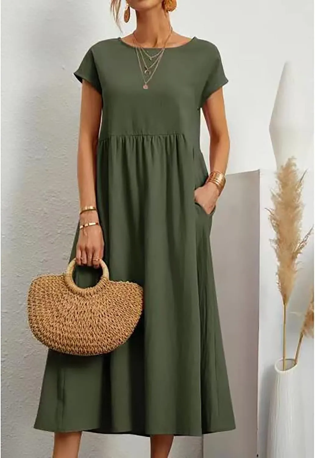 Cotton Dresses for Women 2024 Casual Summer Tee Shirt Midi Long Dress Short Sleeve T Shirts Dresses with Pockets