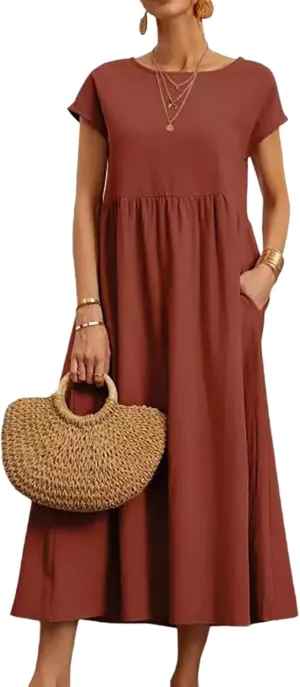 Cotton Dresses for Women 2024 Casual Summer Tee Shirt Midi Long Dress Short Sleeve T Shirts Dresses with Pockets