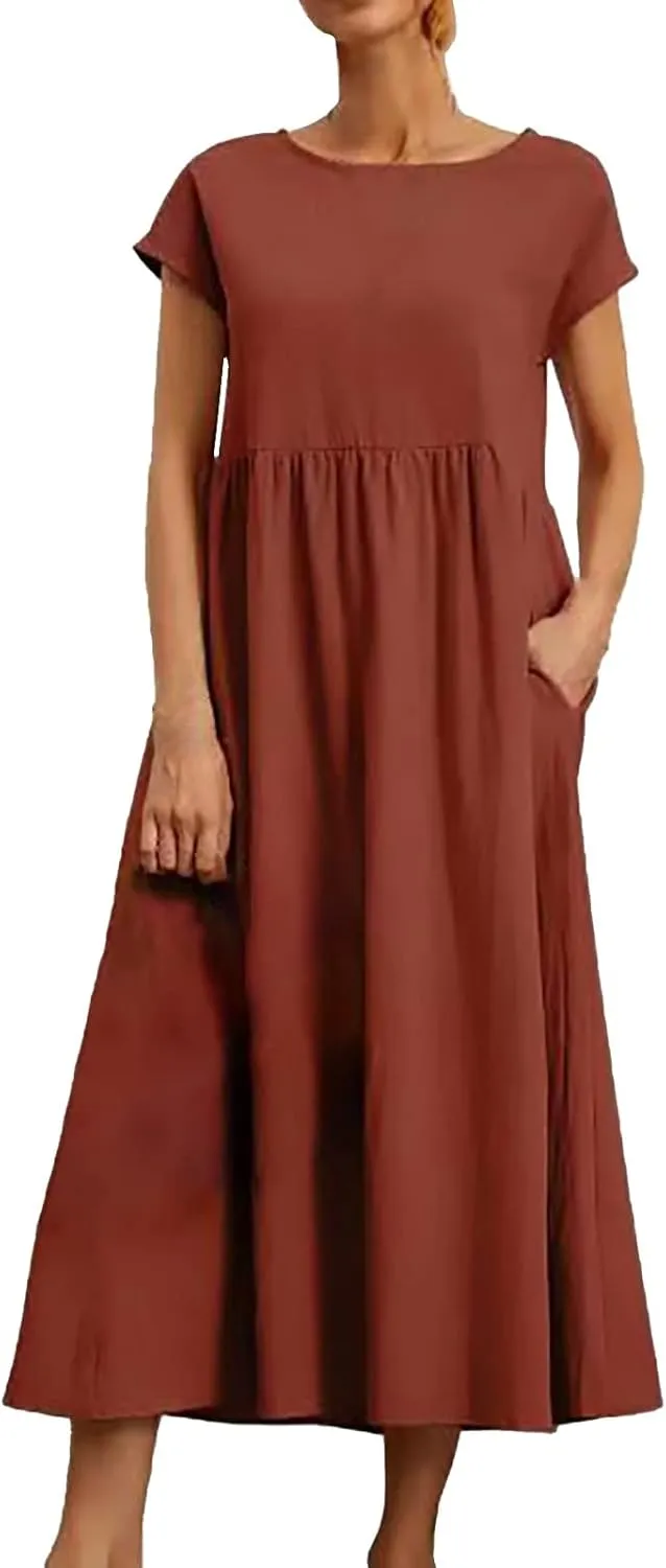 Cotton Dresses for Women 2024 Casual Summer Tee Shirt Midi Long Dress Short Sleeve T Shirts Dresses with Pockets