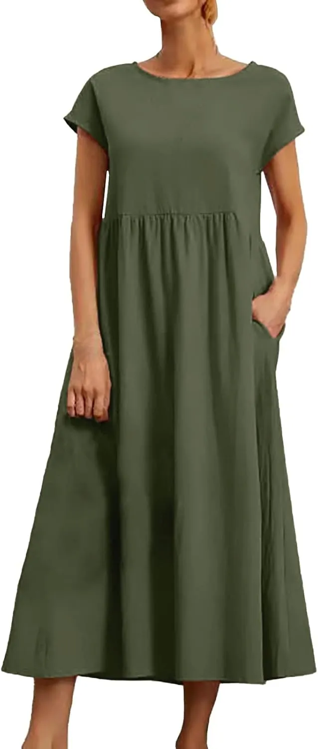 Cotton Dresses for Women 2024 Casual Summer Tee Shirt Midi Long Dress Short Sleeve T Shirts Dresses with Pockets