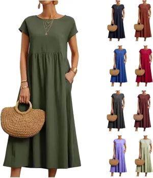 Cotton Dresses for Women 2024 Casual Summer Tee Shirt Midi Long Dress Short Sleeve T Shirts Dresses with Pockets