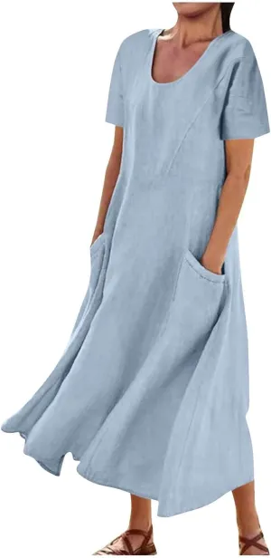 Cotton Linen Maxi Dress Summer Fashion Short Sleeve Beach Dresses Boho Casual Sundress Ladies Vacation Outfits 2025