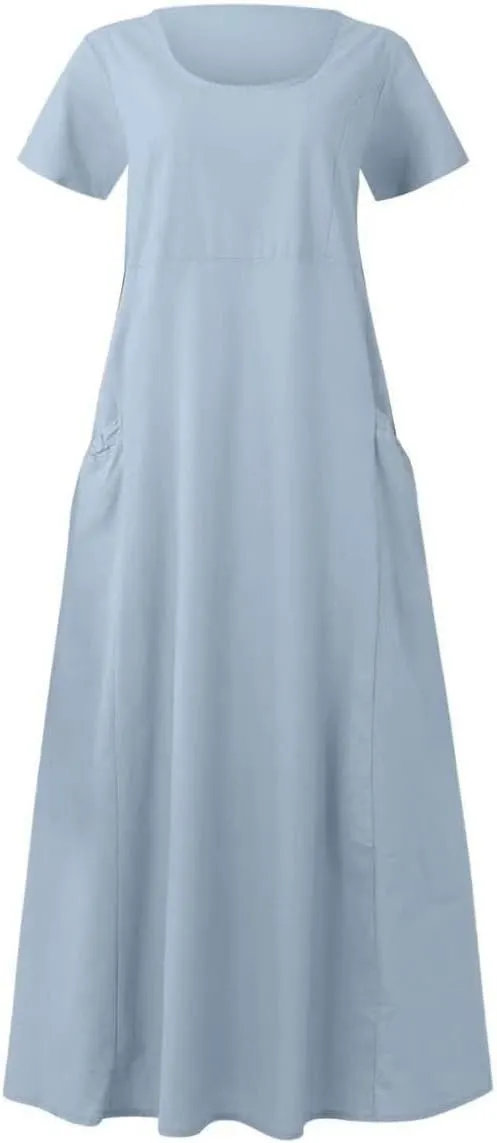 Cotton Linen Maxi Dress Summer Fashion Short Sleeve Beach Dresses Boho Casual Sundress Ladies Vacation Outfits 2025