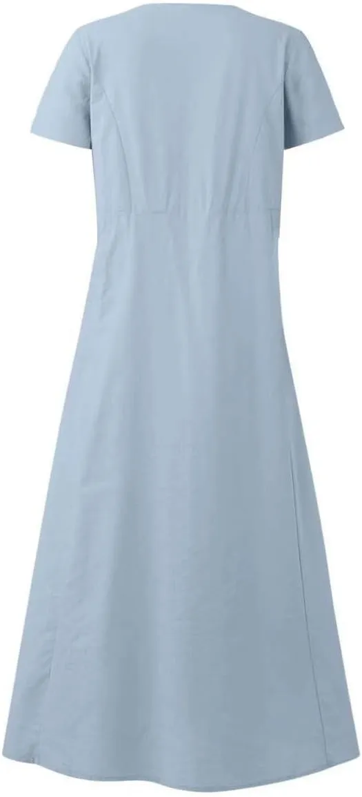 Cotton Linen Maxi Dress Summer Fashion Short Sleeve Beach Dresses Boho Casual Sundress Ladies Vacation Outfits 2025