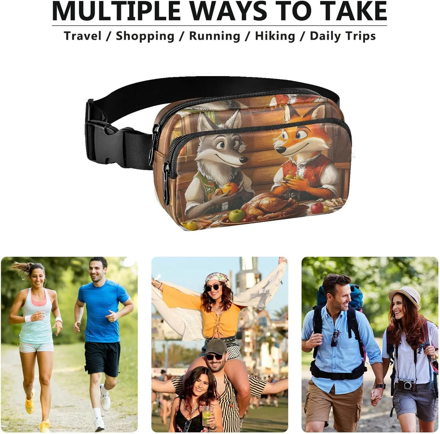 Cozy Wolf Fox Rustic Dinner Women Fanny Pack Funky Everywhere Belt Bag Waterproof Cross Body Waist Purse