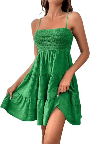 CRNTCEM Women's 2024 Summer Swing Mini Dress Smocked Backless Flowy A Line Sundress Sleeveless Party Swing Mini Dress