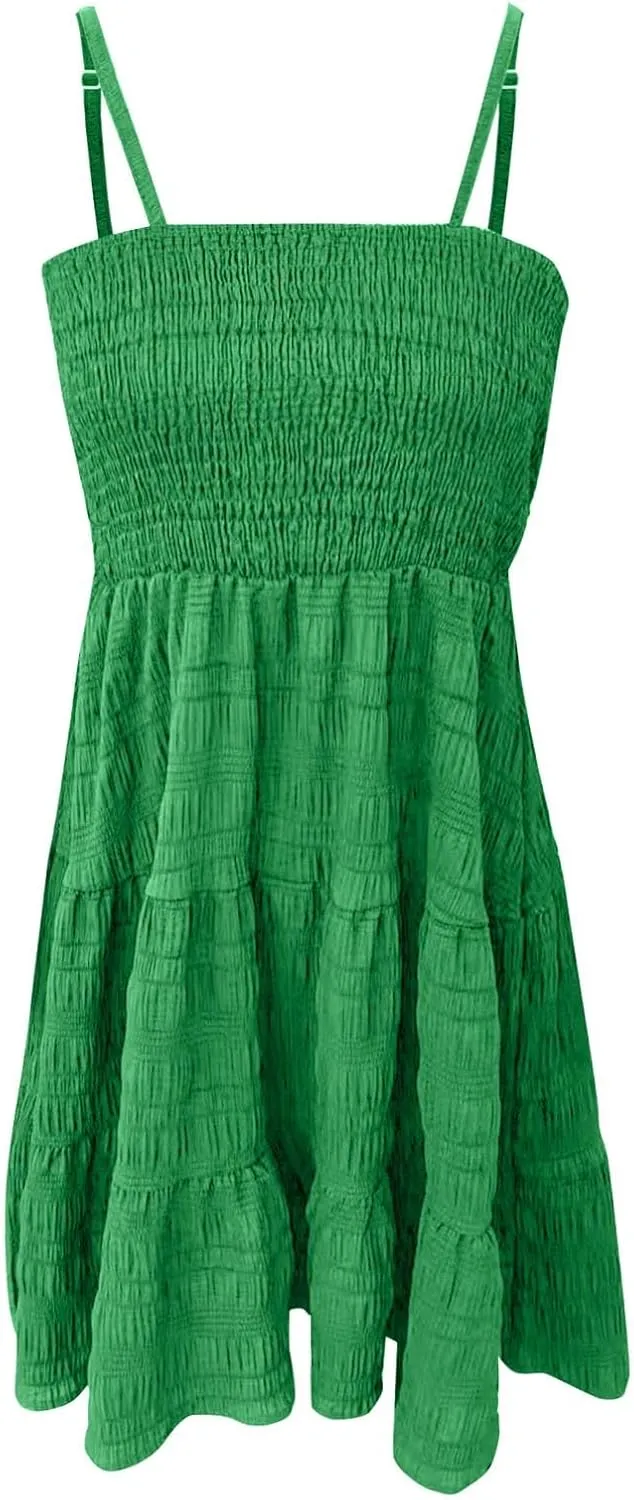 CRNTCEM Women's 2024 Summer Swing Mini Dress Smocked Backless Flowy A Line Sundress Sleeveless Party Swing Mini Dress