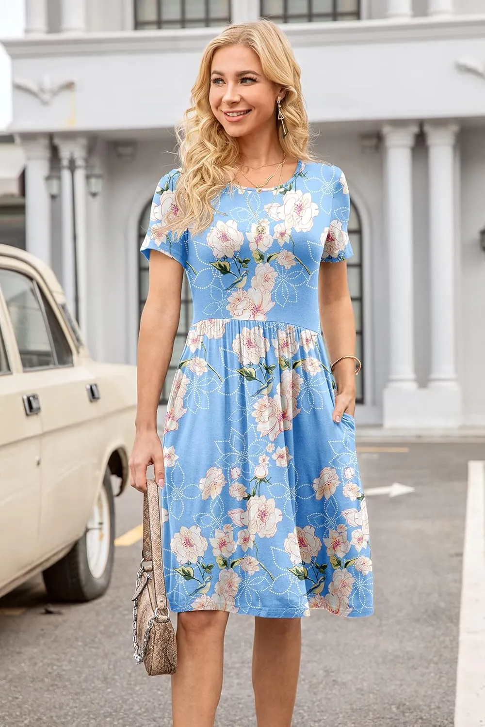 DB MOON Women Summer Casual Short Sleeve Dresses Empire Waist Dress with Pockets