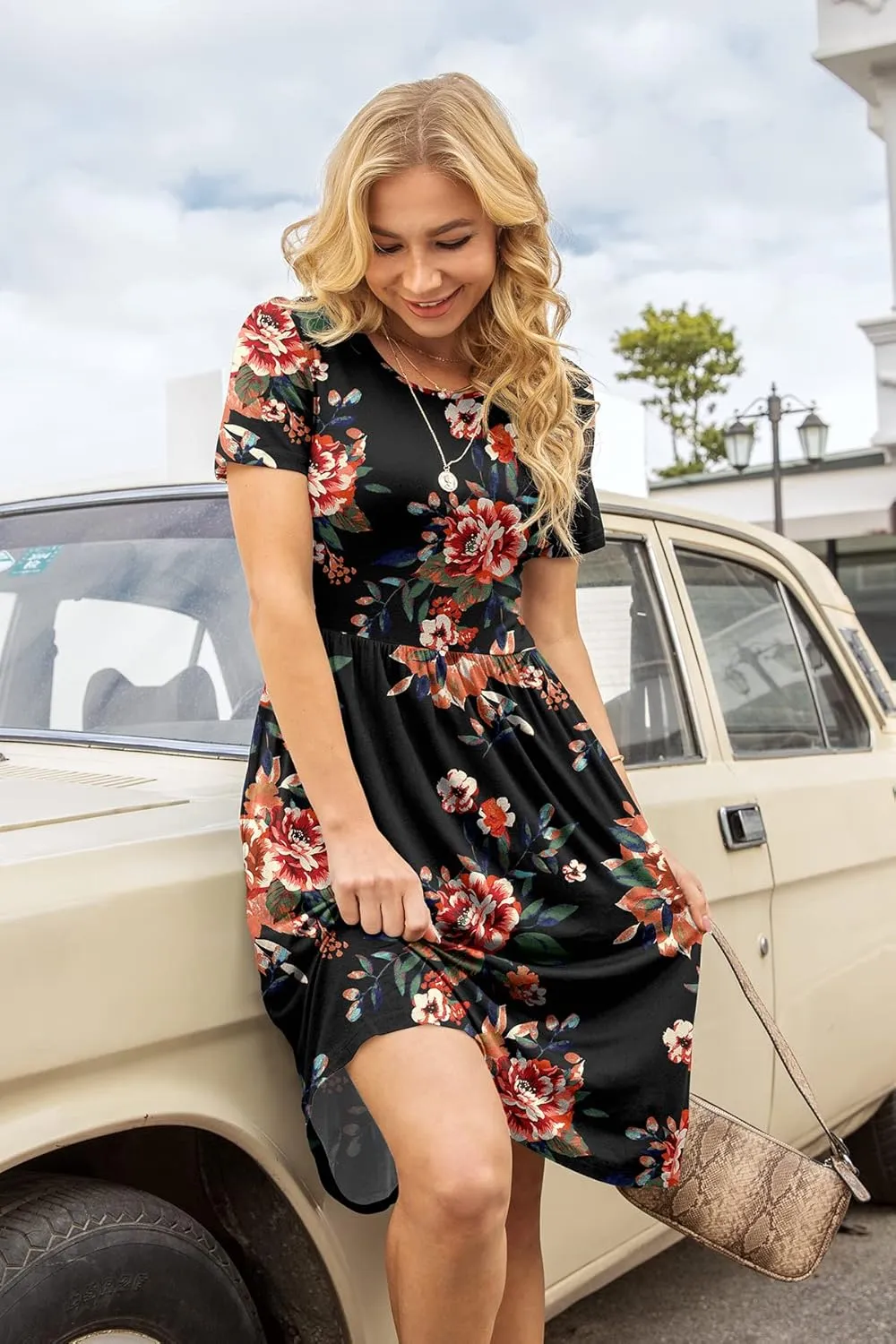 DB MOON Women Summer Casual Short Sleeve Dresses Empire Waist Dress with Pockets