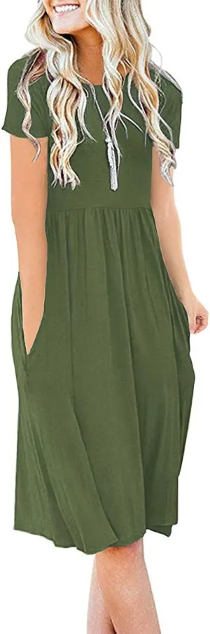 DB MOON Women Summer Casual Short Sleeve Dresses Empire Waist Dress with Pockets