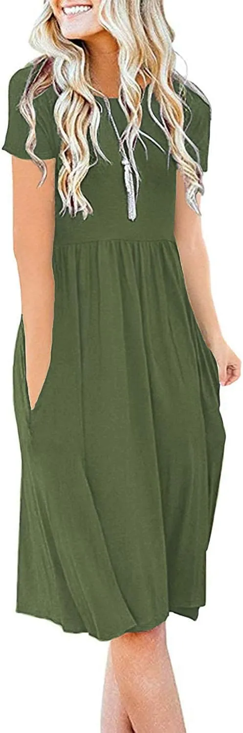 DB MOON Women Summer Casual Short Sleeve Dresses Empire Waist Dress with Pockets