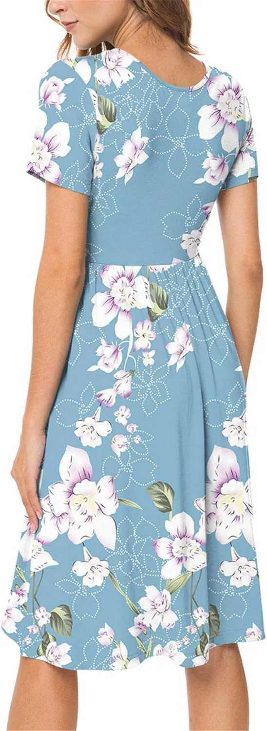 DB MOON Women Summer Casual Short Sleeve Dresses Empire Waist Dress with Pockets