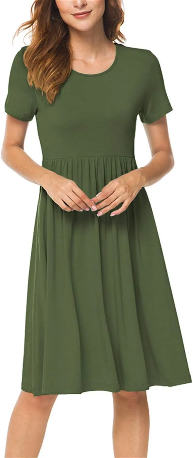 DB MOON Women Summer Casual Short Sleeve Dresses Empire Waist Dress with Pockets