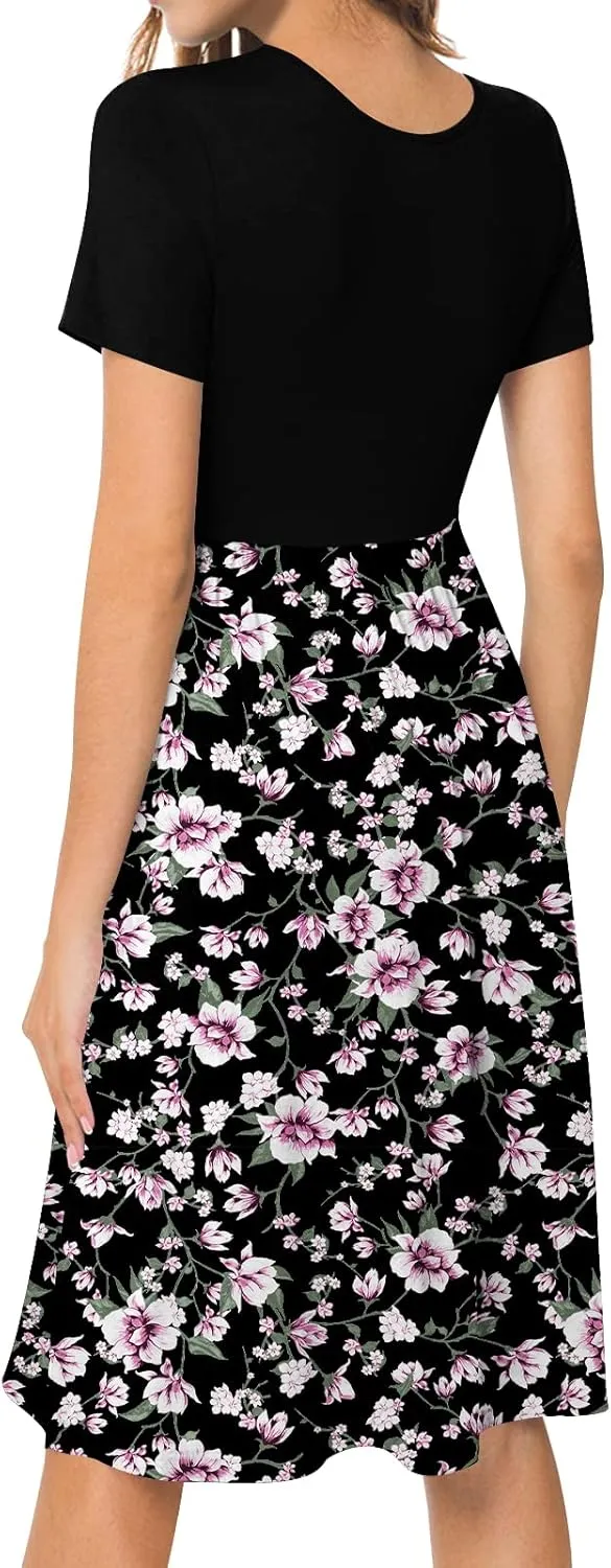 DB MOON Women Summer Casual Short Sleeve Dresses Empire Waist Dress with Pockets