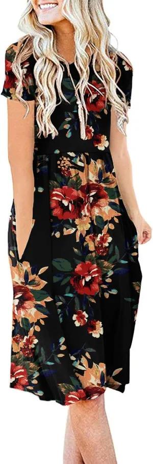 DB MOON Women Summer Casual Short Sleeve Dresses Empire Waist Dress with Pockets