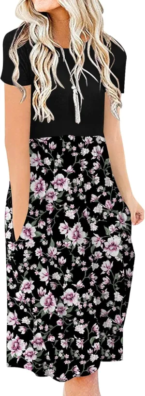 DB MOON Women Summer Casual Short Sleeve Dresses Empire Waist Dress with Pockets