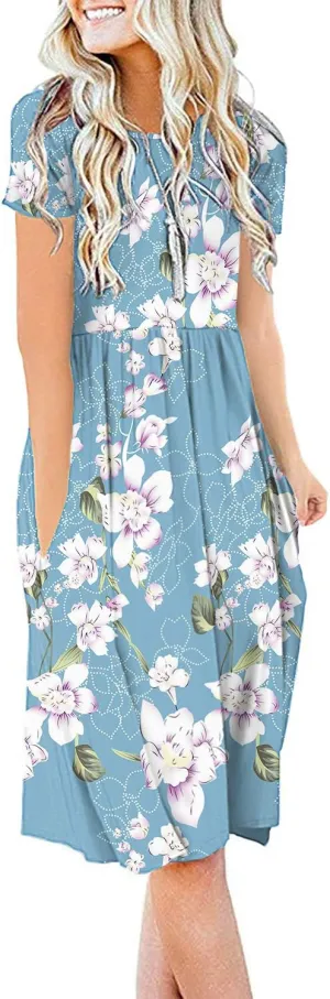 DB MOON Women Summer Casual Short Sleeve Dresses Empire Waist Dress with Pockets