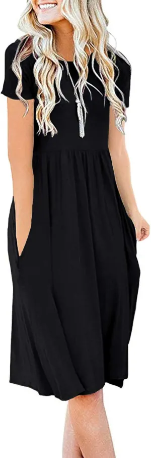 DB MOON Women Summer Casual Short Sleeve Dresses Empire Waist Dress with Pockets