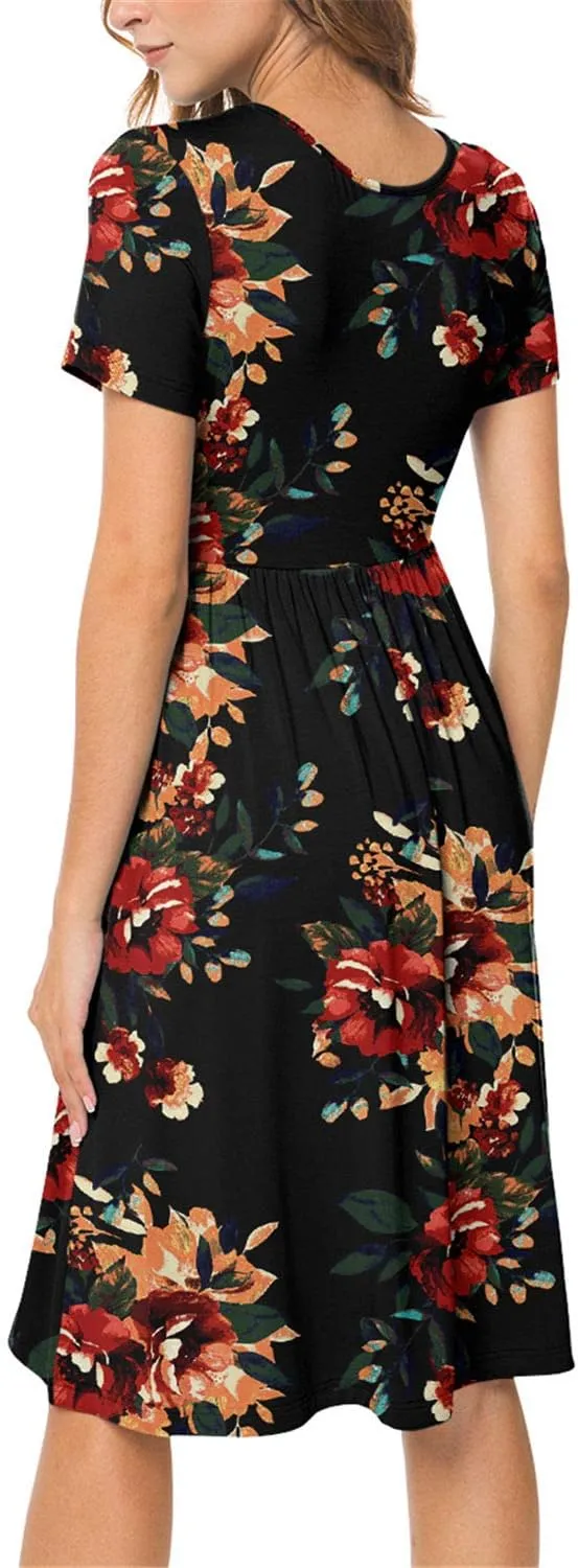 DB MOON Women Summer Casual Short Sleeve Dresses Empire Waist Dress with Pockets