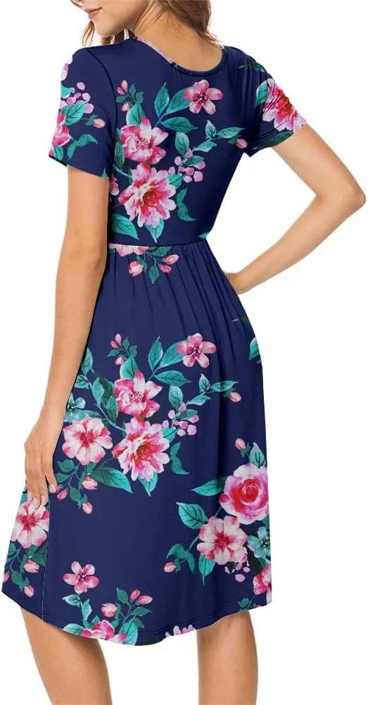 DB MOON Women Summer Casual Short Sleeve Dresses Empire Waist Dress with Pockets