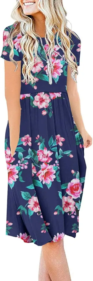 DB MOON Women Summer Casual Short Sleeve Dresses Empire Waist Dress with Pockets