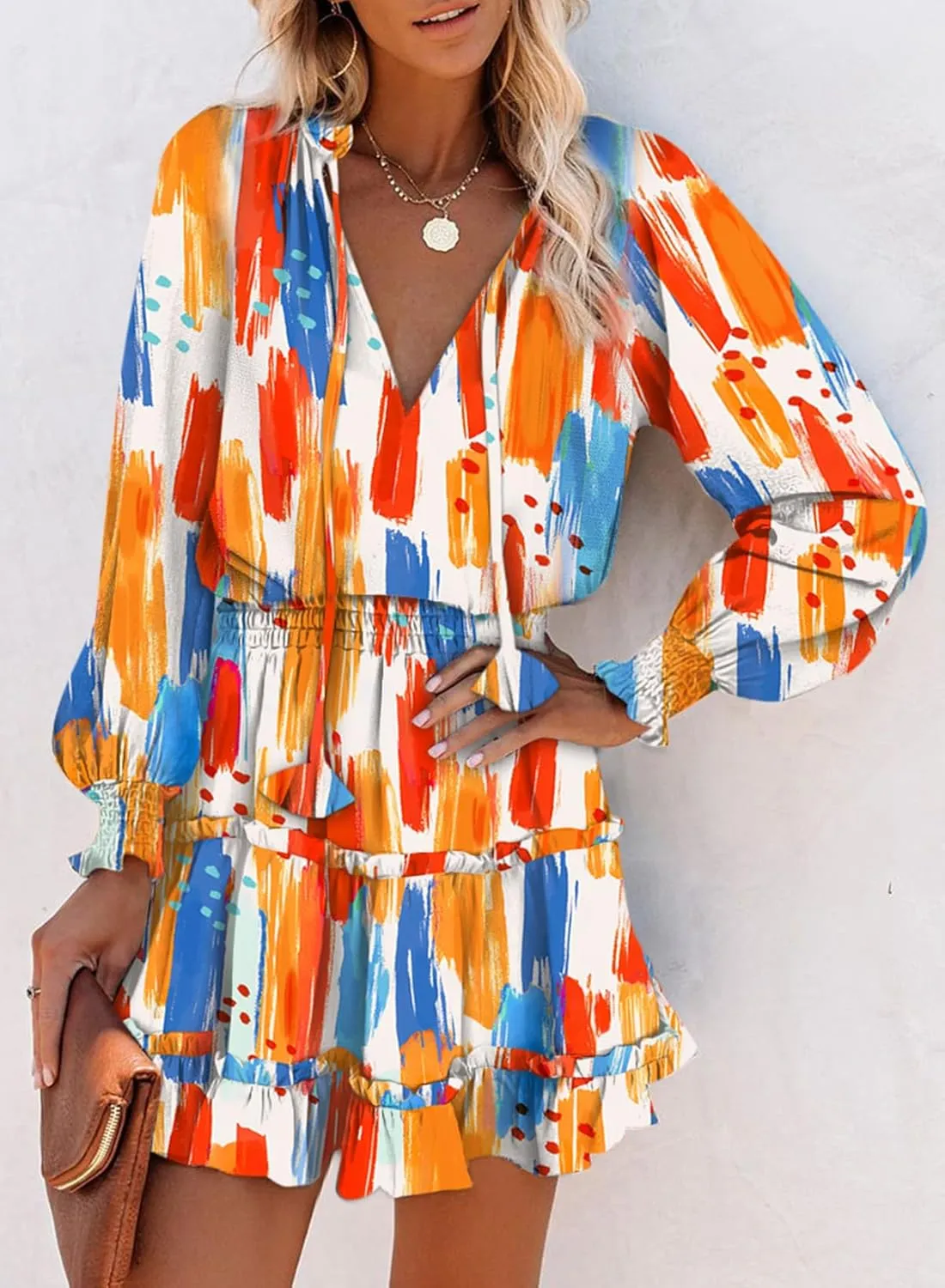 Dokotoo Spring Dresses for 2025 Boho Floral Drawstring V Neck Smocked Long Sleeve Ruffle Tiered Chiffon Mini Short Dress