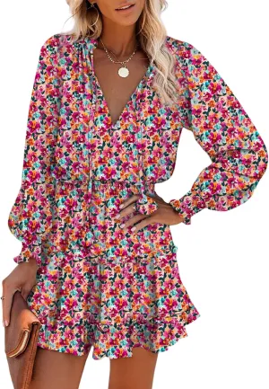 Dokotoo Spring Dresses for 2025 Boho Floral Drawstring V Neck Smocked Long Sleeve Ruffle Tiered Chiffon Mini Short Dress