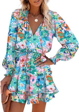 Dokotoo Spring Dresses for 2025 Boho Floral Drawstring V Neck Smocked Long Sleeve Ruffle Tiered Chiffon Mini Short Dress