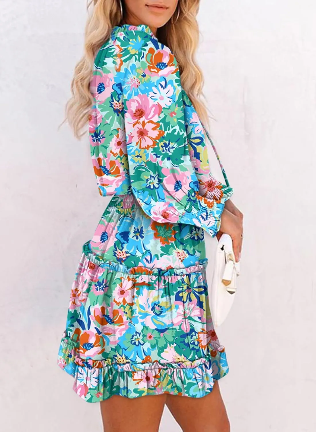 Dokotoo Spring Dresses for 2025 Boho Floral Drawstring V Neck Smocked Long Sleeve Ruffle Tiered Chiffon Mini Short Dress