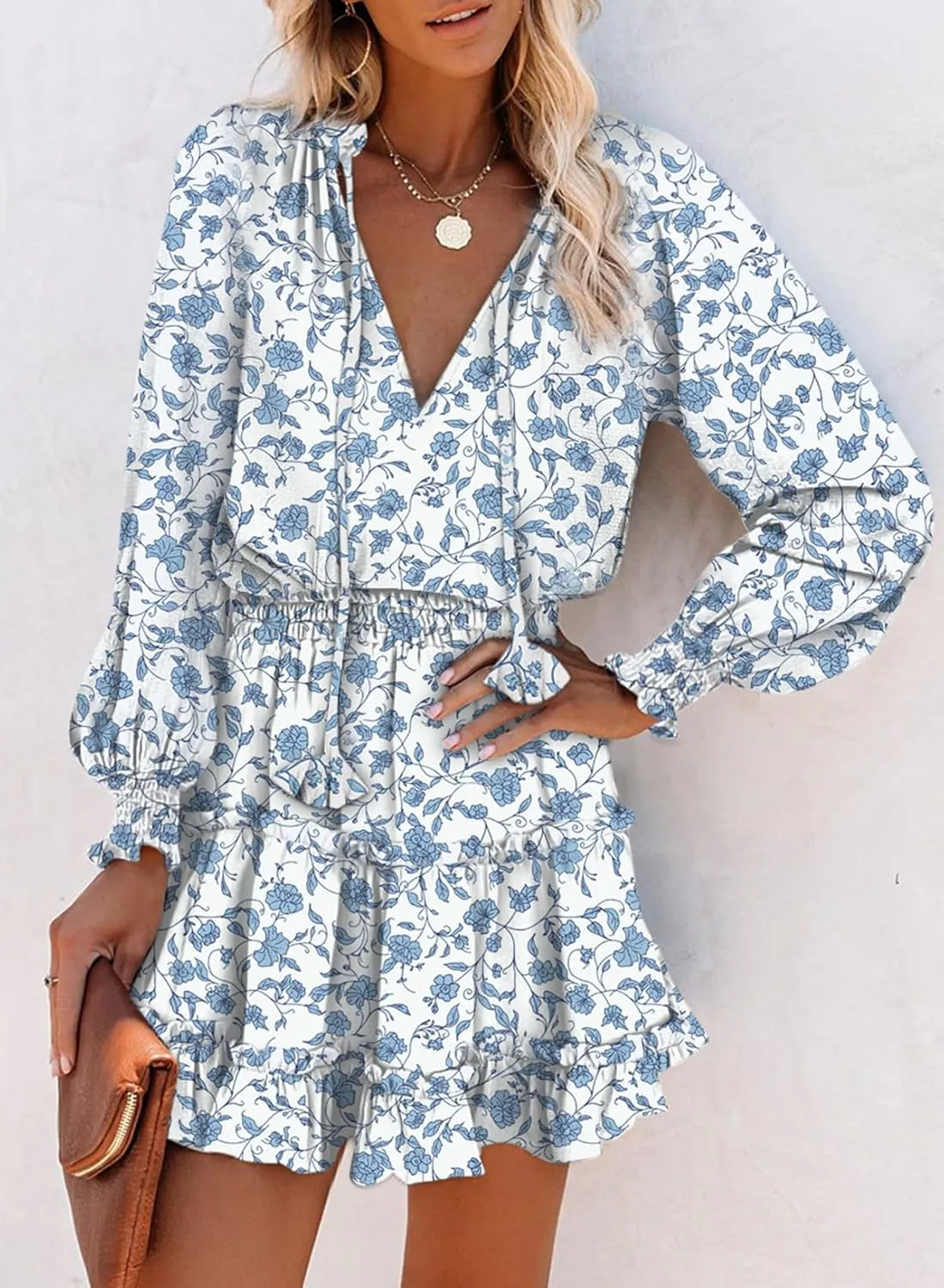 Dokotoo Spring Dresses for 2025 Boho Floral Drawstring V Neck Smocked Long Sleeve Ruffle Tiered Chiffon Mini Short Dress