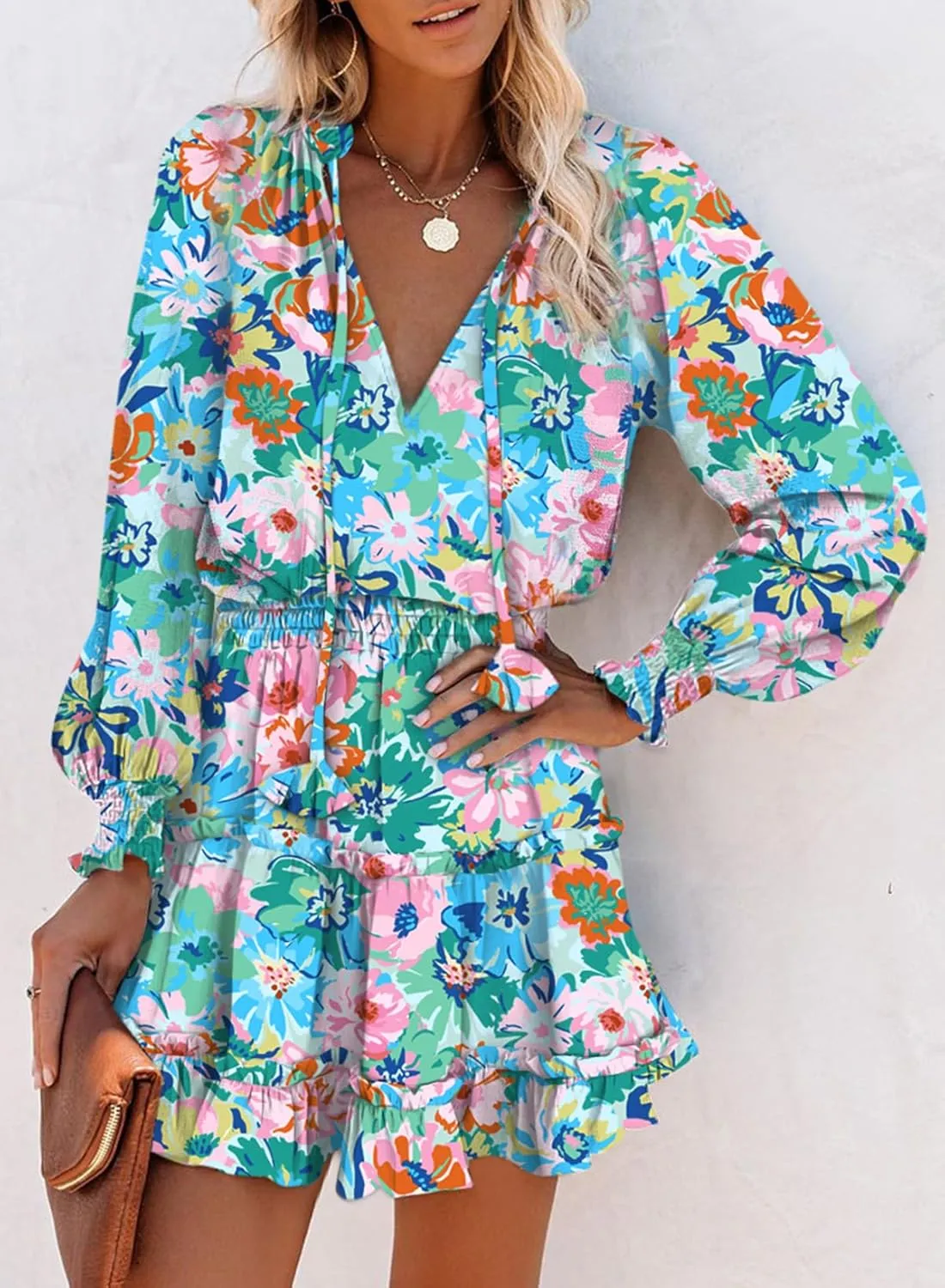 Dokotoo Spring Dresses for 2025 Boho Floral Drawstring V Neck Smocked Long Sleeve Ruffle Tiered Chiffon Mini Short Dress