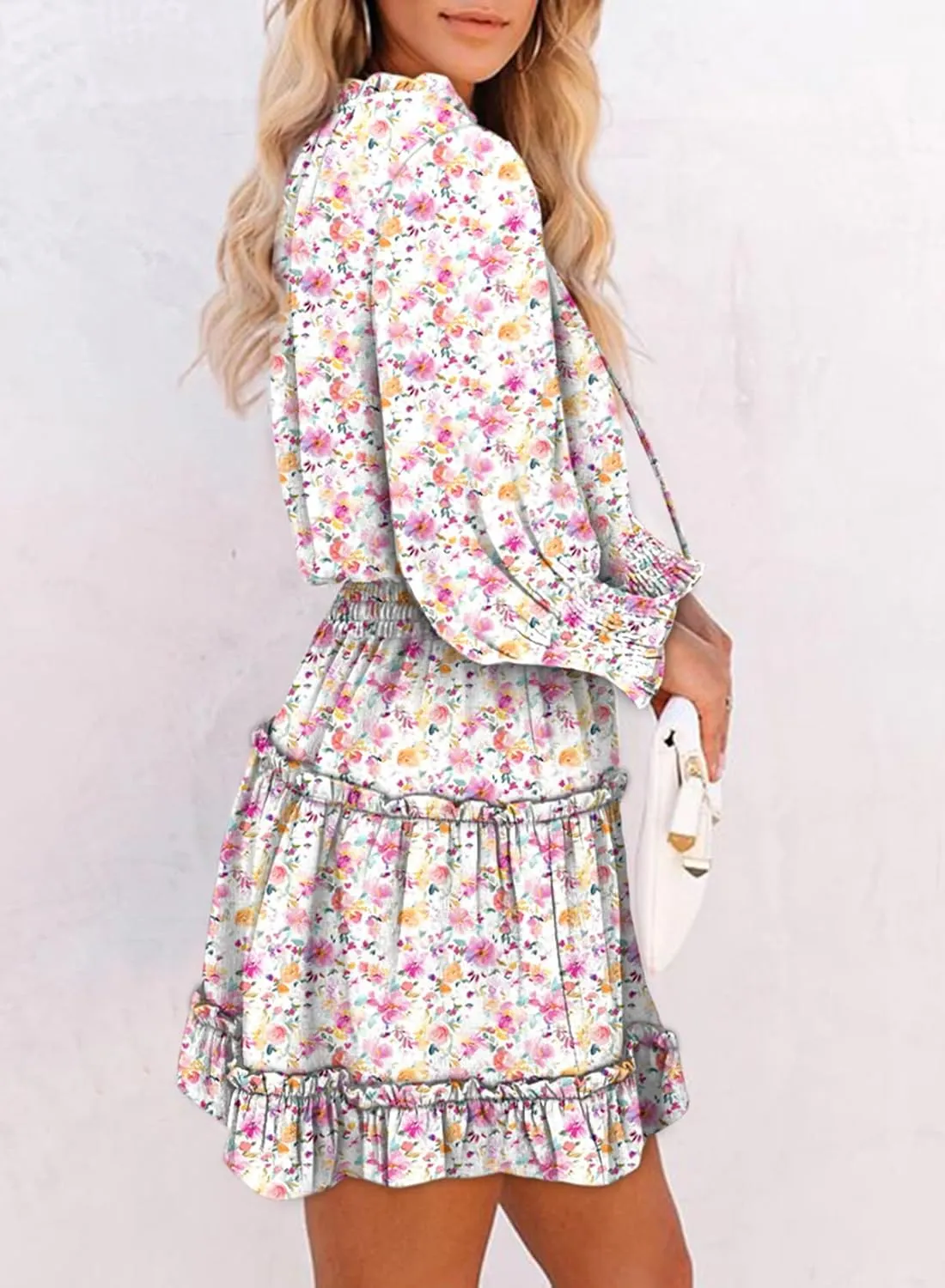 Dokotoo Spring Dresses for 2025 Boho Floral Drawstring V Neck Smocked Long Sleeve Ruffle Tiered Chiffon Mini Short Dress