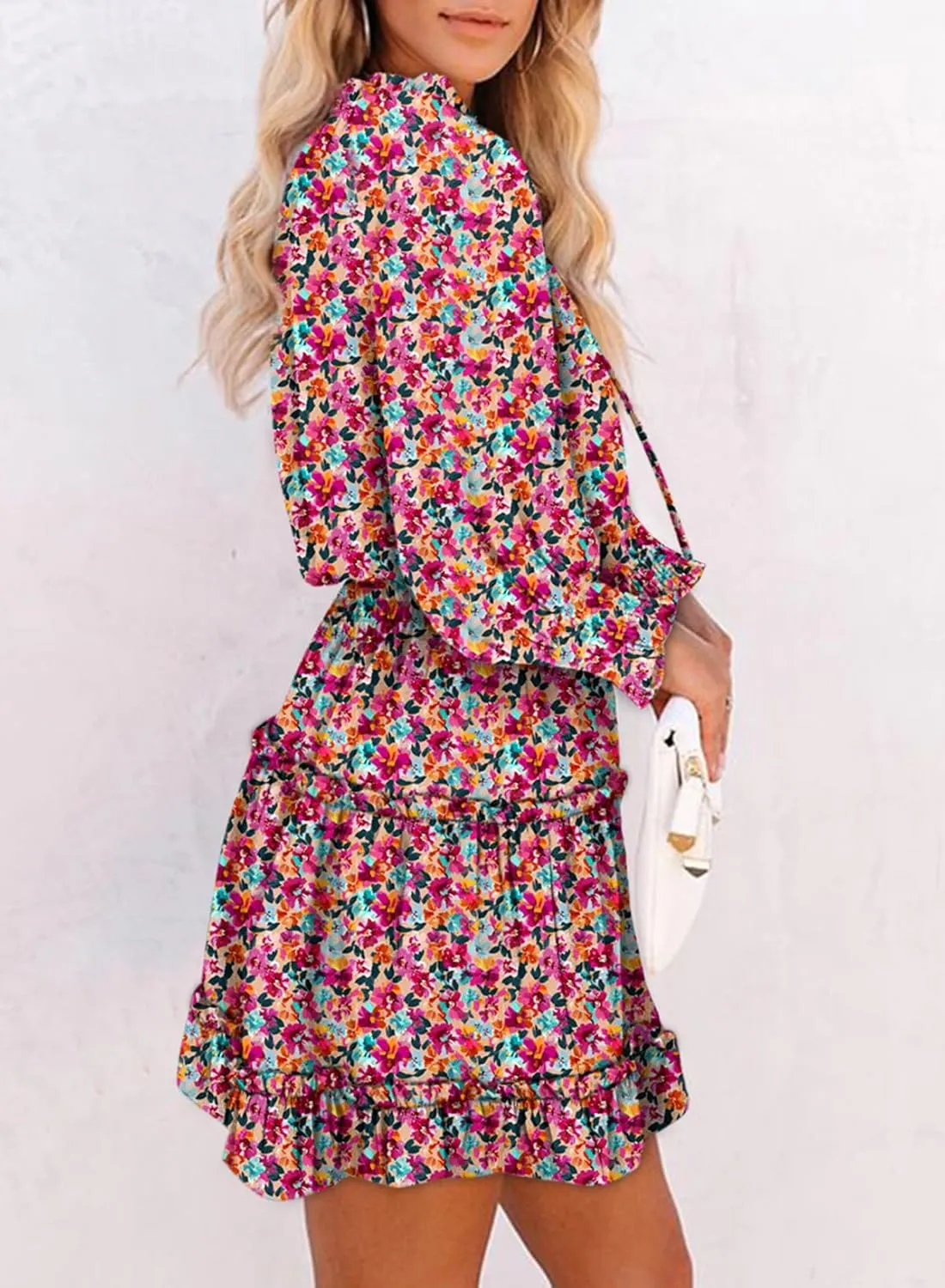 Dokotoo Spring Dresses for 2025 Boho Floral Drawstring V Neck Smocked Long Sleeve Ruffle Tiered Chiffon Mini Short Dress