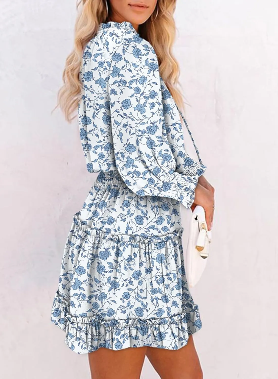 Dokotoo Spring Dresses for 2025 Boho Floral Drawstring V Neck Smocked Long Sleeve Ruffle Tiered Chiffon Mini Short Dress