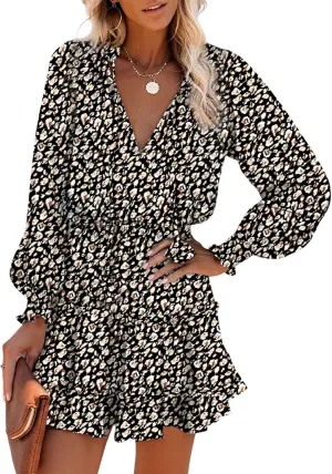 Dokotoo Spring Dresses for 2025 Boho Floral Drawstring V Neck Smocked Long Sleeve Ruffle Tiered Chiffon Mini Short Dress