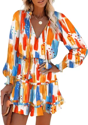 Dokotoo Spring Dresses for 2025 Boho Floral Drawstring V Neck Smocked Long Sleeve Ruffle Tiered Chiffon Mini Short Dress