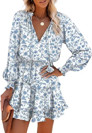 Dokotoo Spring Dresses for 2025 Boho Floral Drawstring V Neck Smocked Long Sleeve Ruffle Tiered Chiffon Mini Short Dress
