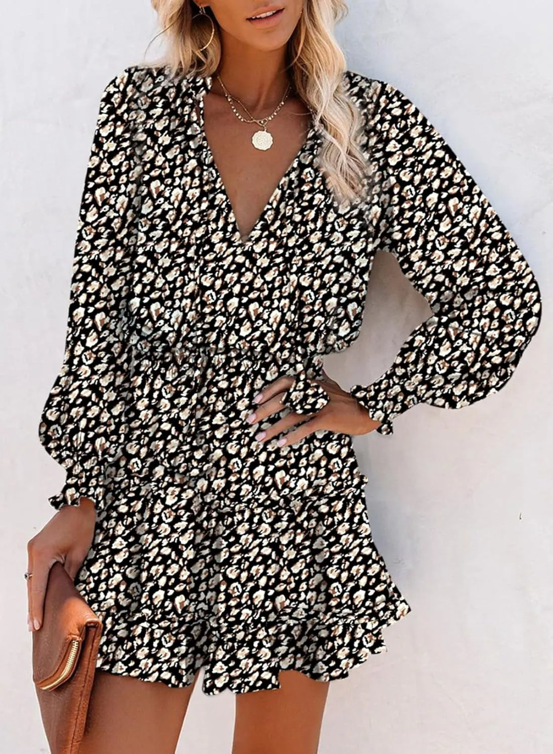 Dokotoo Spring Dresses for 2025 Boho Floral Drawstring V Neck Smocked Long Sleeve Ruffle Tiered Chiffon Mini Short Dress