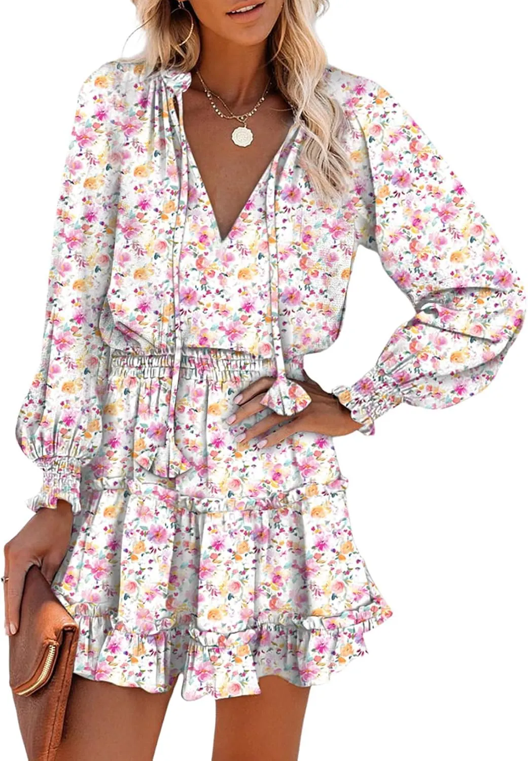 Dokotoo Spring Dresses for 2025 Boho Floral Drawstring V Neck Smocked Long Sleeve Ruffle Tiered Chiffon Mini Short Dress
