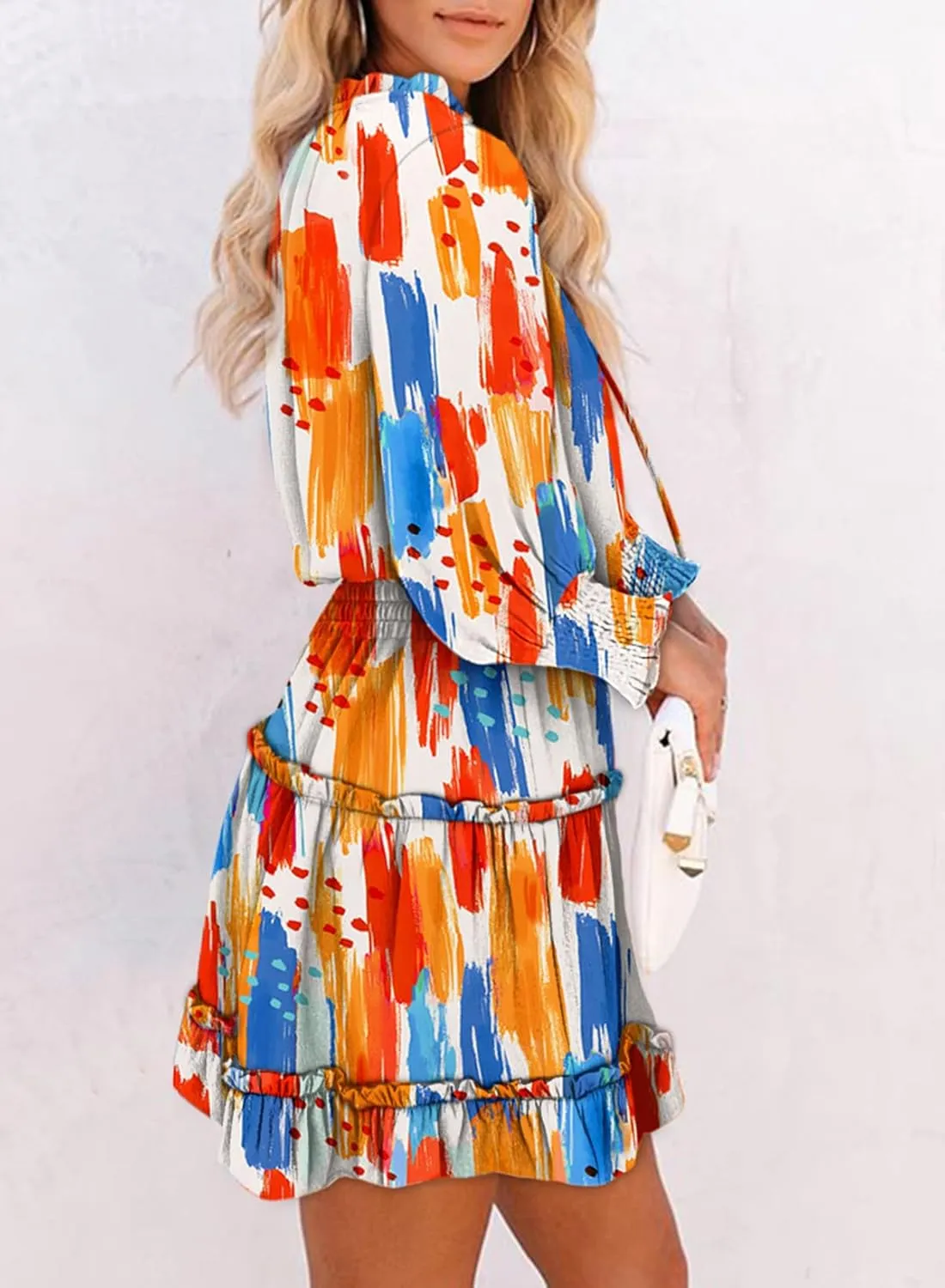 Dokotoo Spring Dresses for 2025 Boho Floral Drawstring V Neck Smocked Long Sleeve Ruffle Tiered Chiffon Mini Short Dress