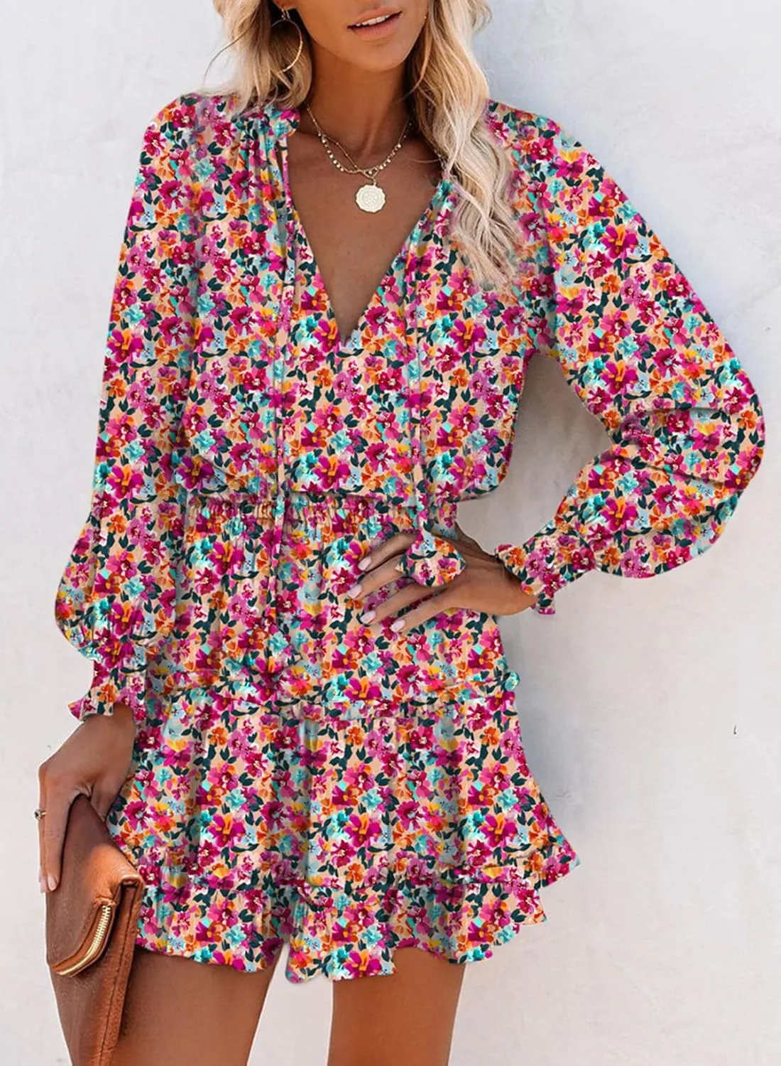 Dokotoo Spring Dresses for 2025 Boho Floral Drawstring V Neck Smocked Long Sleeve Ruffle Tiered Chiffon Mini Short Dress