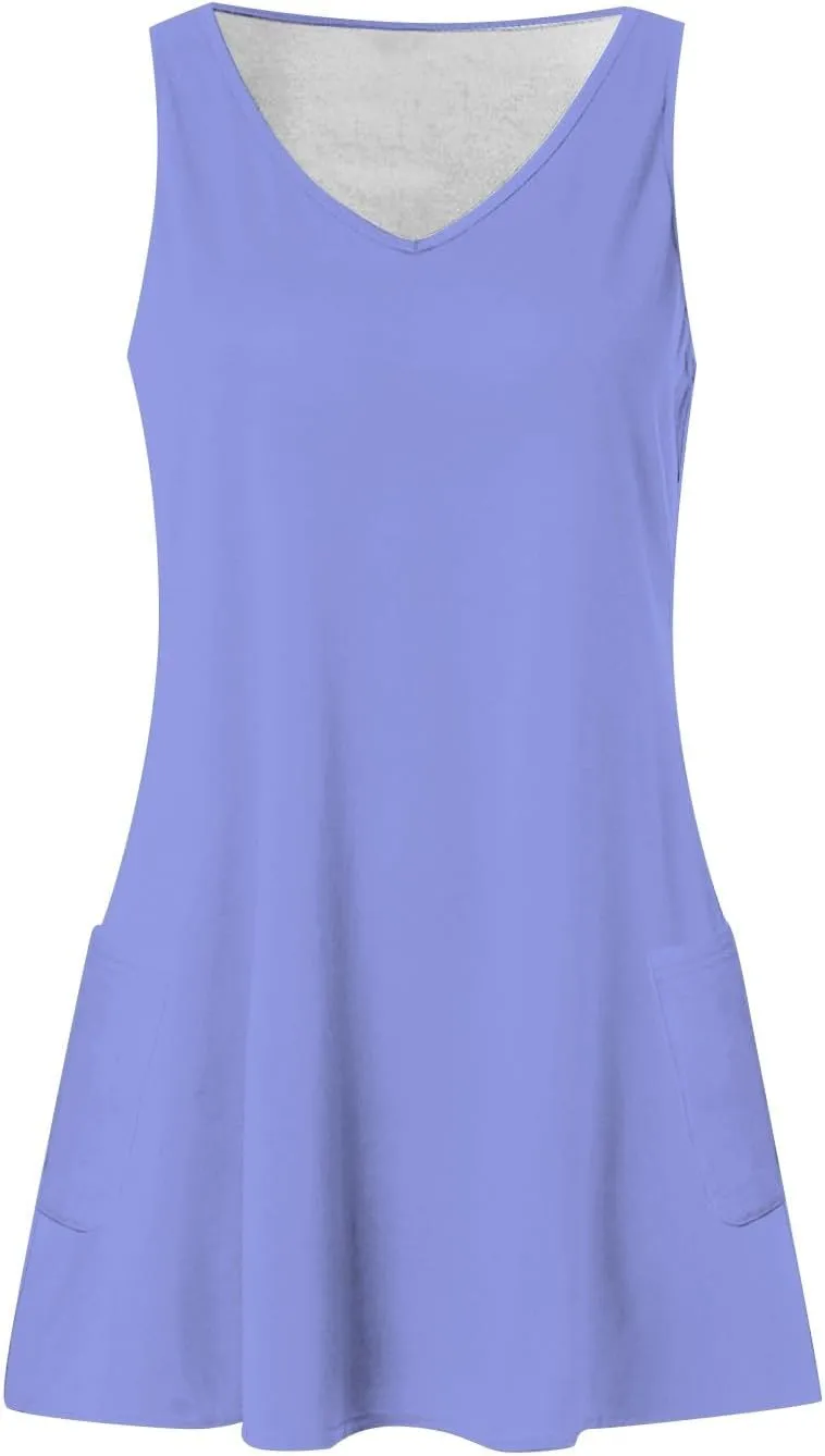 DOPOCQ Summer Dresses for Women 2024 Sexy V Neck Sleeveless Boho Beach Dress Casual Plus Size Solid Color Tank Mini Dresses