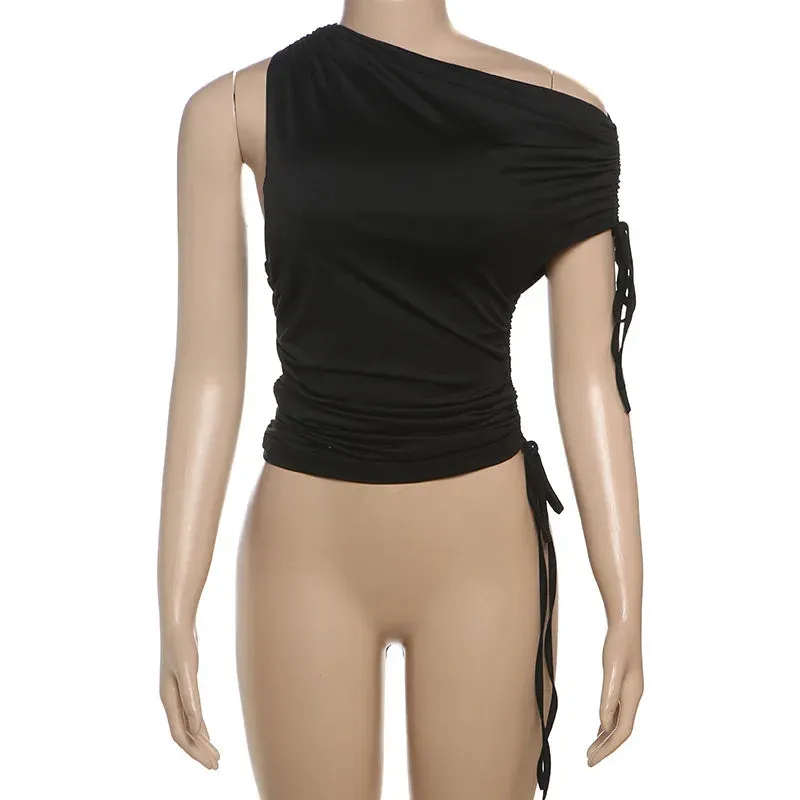 Drawstring Ruched One Shoulder Crop Top